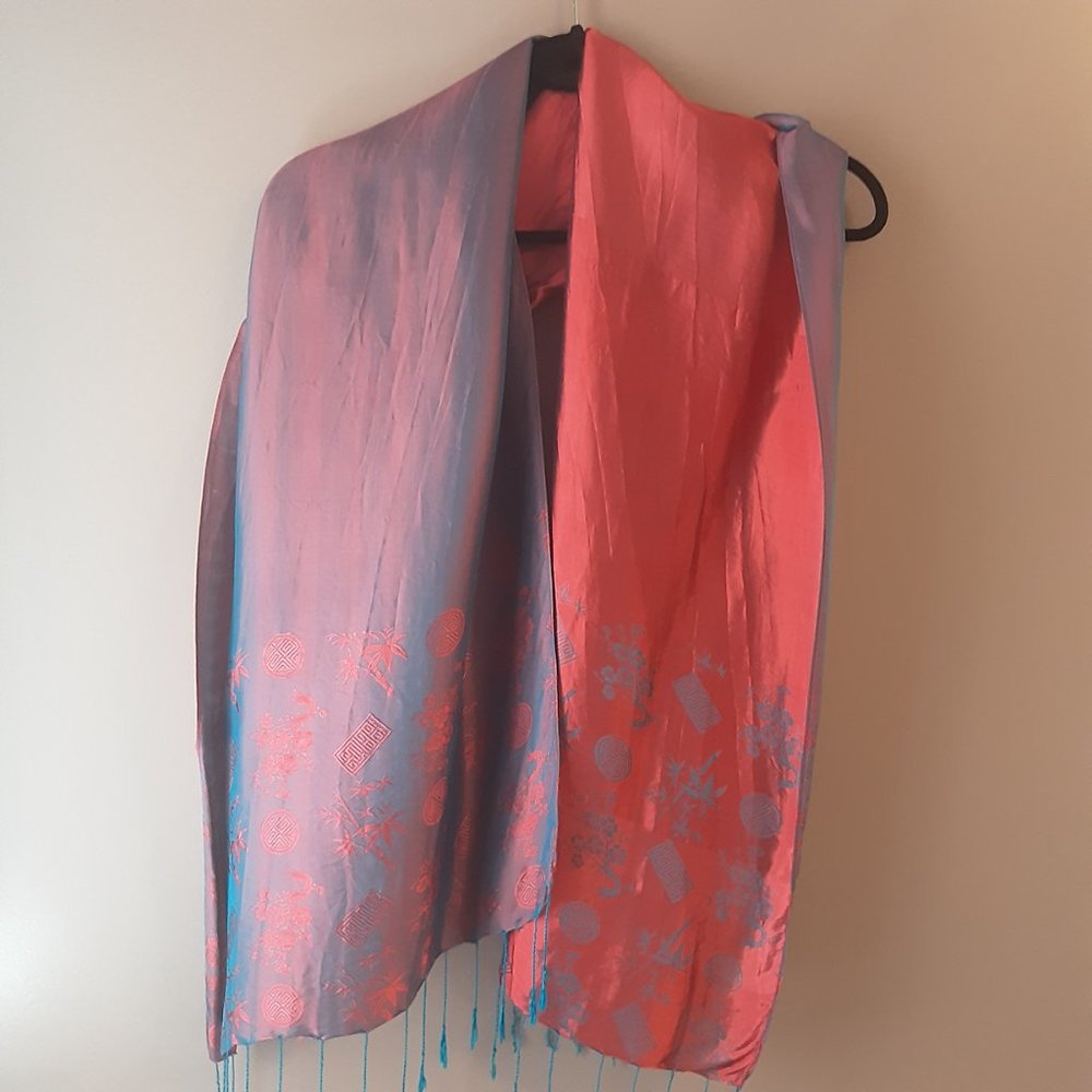 Silk Scarf Gorgeous Iridescent Teal and Red Reversible Patterned Oblong Scarf